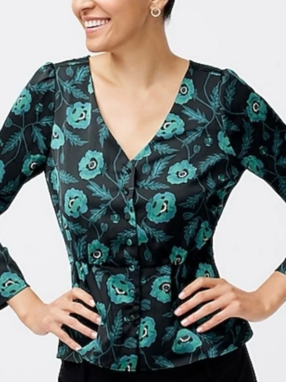 J.Crew Black Teal Floral V-Neck Peplum Blouse Size 12